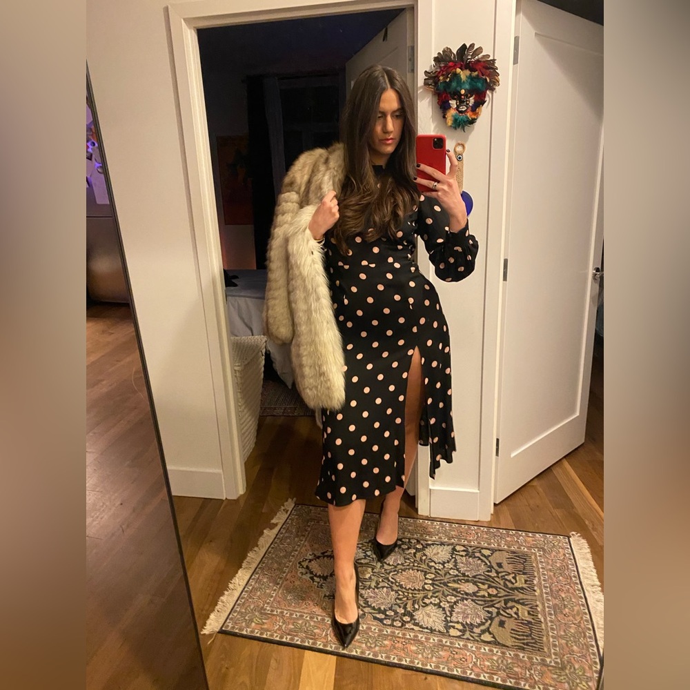 Reformation Black and Pink Polka Dot Long Sleeve Dress